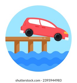 A car falling into water, flat round icon