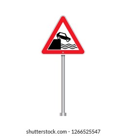Car Falling Into Water Warning Road Sign. Traffic Sign Vector Flat Illustration