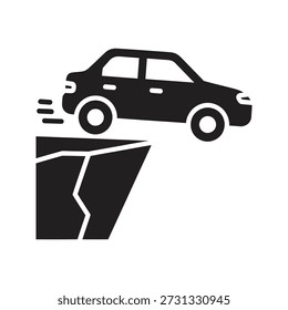 Carro caindo do penhasco ícone vetor ilustração mostrando o veículo dirigindo sobre borda abismo acidente queda altura perigo conceito gravidade isolado branco fundo design elemento