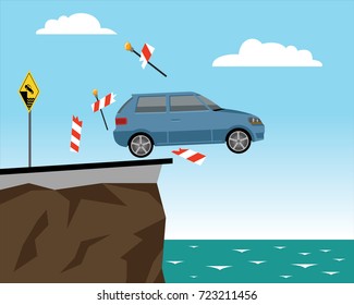 Car Falls Of The Cliff Braking Road Barrier 