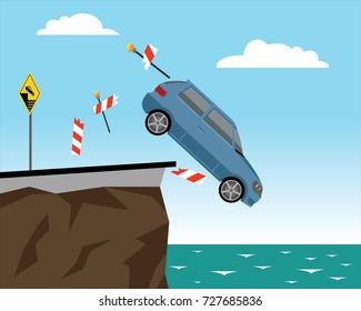 Car Falls Of The Cliff Braking Road Barrier 