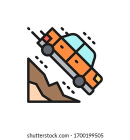 Car falls off a cliff flat color line icon.