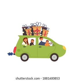 Car with family with gifts on the roof. Modern vector