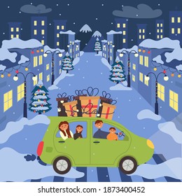 The car with the family goes to celebrate the new year. Holiday gifts on the roof of the car. Night New Year Decorated Streets. Christmas illustration card