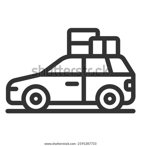 A car with a family\
and things goes to a picnic - icon, illustration on white\
background, outline style