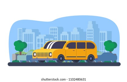 Car for family travel with city background.