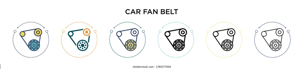 Car fan belt icon in filled, thin line, outline and stroke style. Vector illustration of two colored and black car fan belt vector icons designs can be used for mobile, ui, web