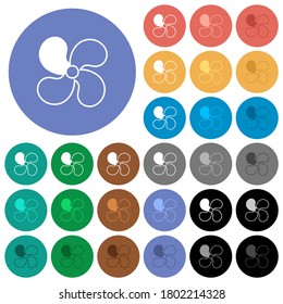 Iconos planos multicolores de nivel 1 del ventilador de coche en fondos redondos. Se incluyeron variaciones de iconos blancos, claros y oscuros para efectos de estado activo y de movimiento, y tonos extra.
