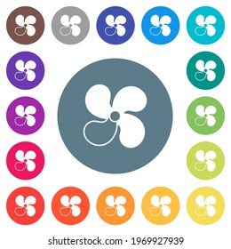 Car fan level 3 flat white icons on round color backgrounds. 17 background color variations are included.