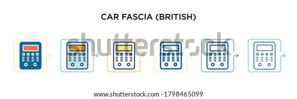 Car fascia (british) vector icon in 6 different modern\
styles. Black, two colored car fascia (british) icons designed in\
filled, outline, line and stroke style. Vector illustration can be\
used for 