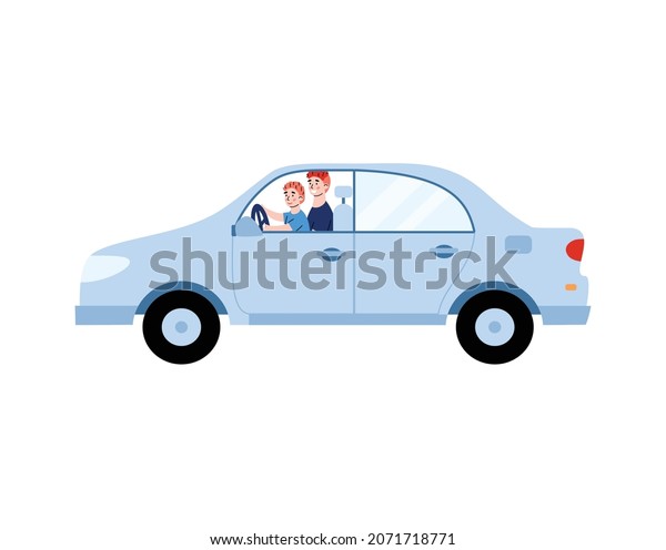 Car with father\
teaching his boy child to drive, cartoon vector illustration\
isolated on white background. Fathers driving lesson to son scene\
of family bonding\
activity.