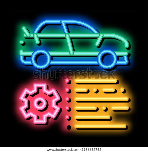 Car Feature Gear neon light sign vector.\
Glowing bright icon Car Feature Gear isometric sign. transparent\
symbol illustration
