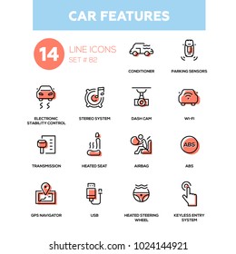 Car Features - Line Design Icons Set. Conditioner, Parking Sensors, Electronic Stability Control, Stereo System, Dash Cam, Wi-fi, Transmission, Heated Seat, Airbag, Abs, Gps, Steering Wheel, Usb