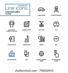 Car features - line design icons set. Conditioner, parking sensors, electronic stability control, stereo, cam, wi-fi, transmission, heated seat, airbag, gps navigator, steering wheel, usb,