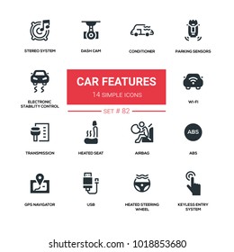 Car features - line design silhouette icons set. Conditioner, parking sensors, electronic stability control, stereo system, dash cam, wi-fi, transmission, heated seat, airbag, abs, gps navigator