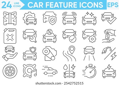 Carro Características conjunto de ícones de contorno. Direção, GPS, faróis, combustível, cinto de segurança, pneu, motor, sensor de estacionamento e mais.conjunto de ilustrador e vetor.