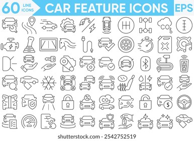 Carro Características conjunto de ícones de contorno. Direção, GPS, faróis, combustível, cinto de segurança, pneu, motor, sensor de estacionamento e mais.conjunto de ilustrador e vetor.