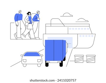 Car ferry abstract concept vector illustration. Group of diverse people queuing for the car ferry, commercial water transportation, sea transport passengers, urban harbor abstract metaphor.