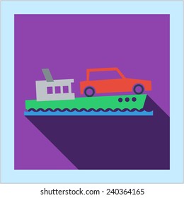 Car ferry button with icon photo frame card in flat style with long shadow, for web, transportation business and marine design