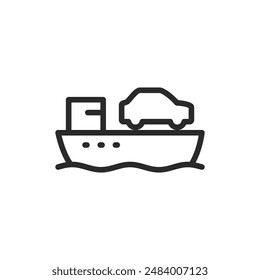 Car ferry, linear style icon. Vehicle transport barge on water. Editable stroke width