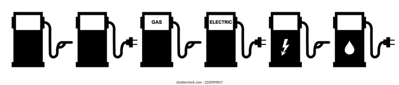 Car filing station. Gasoline car and electric car at the refueling station. Electrical cable plugs with pump. electric parking, charge pin location.  
Vector illustration