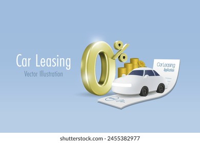 Car finance with 0% interest fee on approved car leasing application. Car loan for vehicle, transportation finance. 3D vector created from graphic software.