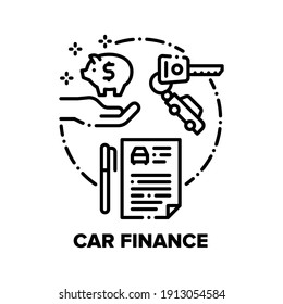 Car Finance Vector Icon Concept. Car Buying Dealer Agreement And Insurance Documents, Customer Save Money For Buy Automobile Or Calculating Cost And Expense Of Driving Black Illustration