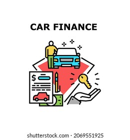 Car Finance Vector Icon Concept. Car Finance Agreement For Buying New Car In Dealer Agency, Money Cash For Buy Automobile And Getting Key. Customer Financial Contract Color Illustration