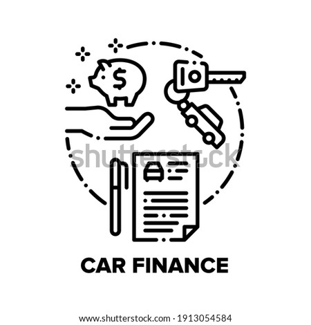 Car Finance Vector Icon Concept. Car Buying Dealer Agreement And Insurance Documents, Customer Save Money For Buy Automobile Or Calculating Cost And Expense Of Driving Black Illustration