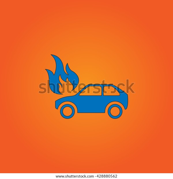 Car fire. Blue flat icon with black stroke on orange\
background. Collection concept vector pictogram for infographic\
project and logo