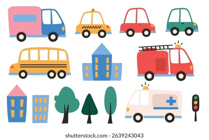 Car, fire engine, ambulance, taxi, public city transport, town park and streets vegetation, house building construction set cute childish design. Doodle vehicle, cityscape elements vector illustration