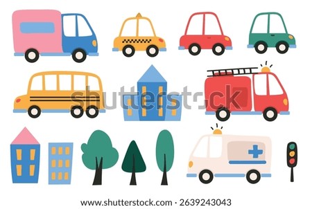 Car, fire engine, ambulance, taxi, public city transport, town park and streets vegetation, house building construction set cute childish design. Doodle vehicle, cityscape elements vector illustration
