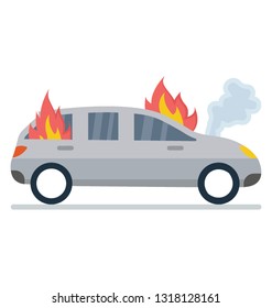 Car fire flat detailed icon, car burning 