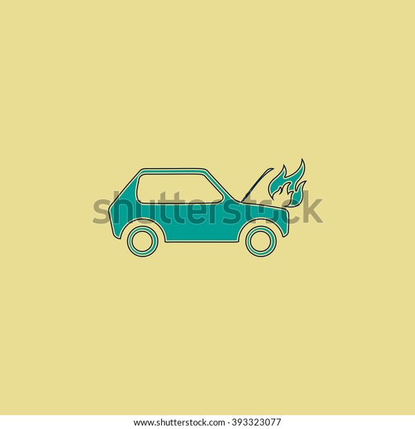 Car fire Flat line icon on yellow background.\
Vector pictogram with\
stroke