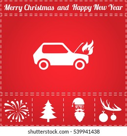 Car Fire Icon Vector. And Bonus Symbol For New Year - Santa Claus, Christmas Tree, Firework, Balls On Deer Antlers