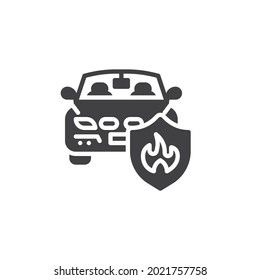 Vektorsymbol der Kfz-Feuerversicherung. volles Flachzeichen für mobiles Konzept und Webdesign. Auto und brennendes Schild Symbol. Symbol, Logo-Abbildung. Vektorgrafik