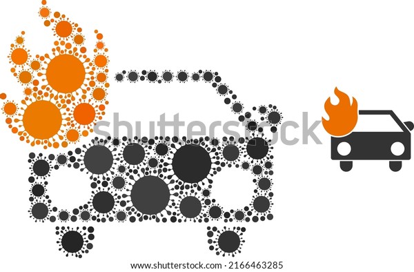 Car fire mosaic icon. Vector\
mosaic is formed from randomized Covid-2019 icons. Covid-2019\
collage car fire icon. Car fire collage for pandemic\
images.