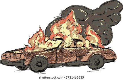 car fire with rough lines and lots of colors