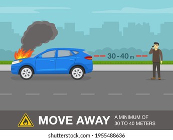 Car fire safety activity. Young driver moved away a minimum of 30 meters to escape a fire. Flat vector illustration template.