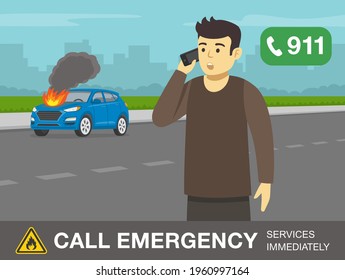 Car fire safety activity. Young driver calls emergency services. Close-up view. Flat vector illustration template. 