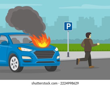 Car fire safety activity. Young male driver runs away to escape after his suv car flares up. Driving a car. Burning car on the city parking area. Flat vector illustration.