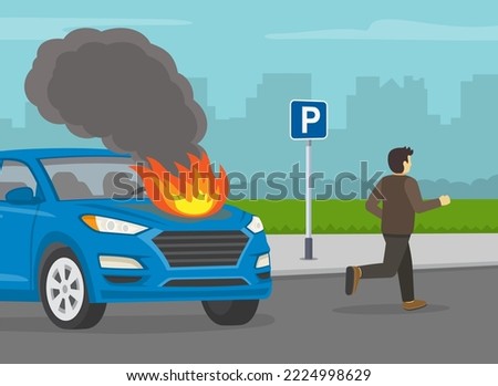Car fire safety activity. Young male driver runs away to escape after his suv car flares up. Driving a car. Burning car on the city parking area. Flat vector illustration.