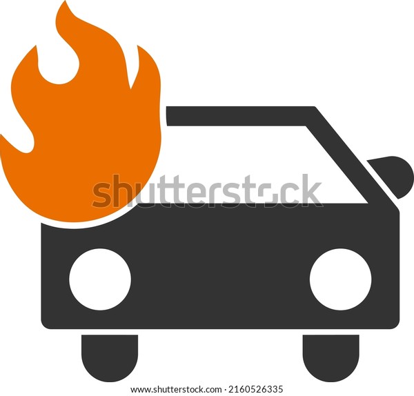 Car fire vector\
illustration. Flat illustration iconic design of car fire, isolated\
on a white background.