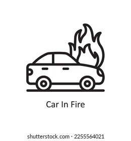 Ilustración de diseño del icono de contorno del vector de incendio del coche. Símbolo de accidente de coche en el archivo EPS 10 de fondo blanco