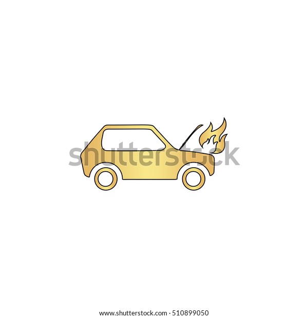 Car fired Gold vector icon with black contour\
line. Flat computer symbol\
