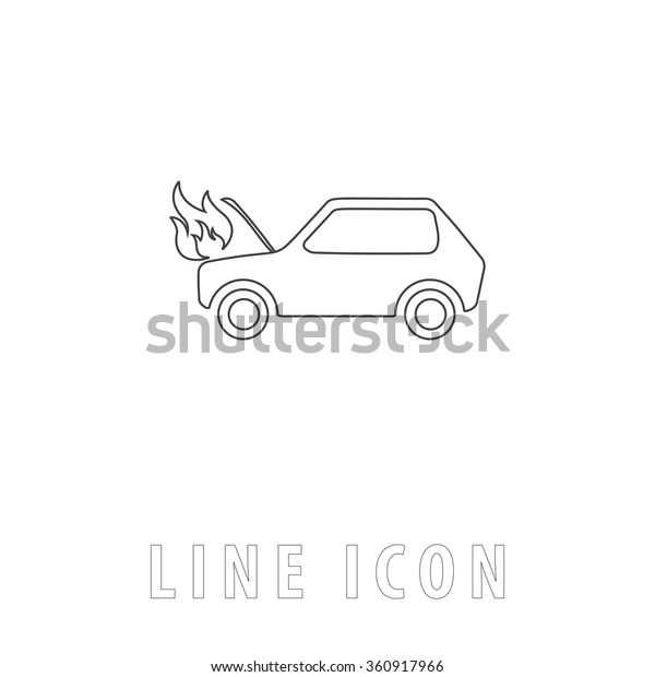 Car fired Outline simple vector icon\
on white background. Line pictogram with text\
