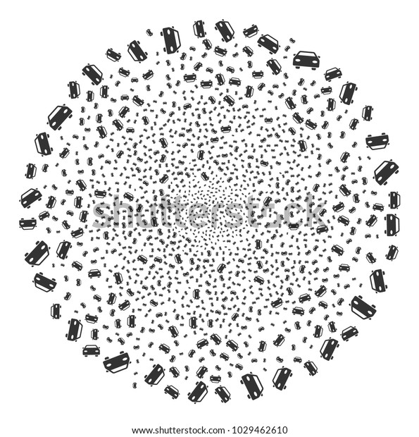 Car fireworks circle. Object pattern\
constructed from random car symbols as burst spheric cluster.\
Vector illustration style is flat iconic\
symbols.