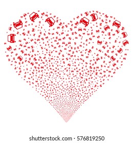 Car fireworks with heart shape. Vector illustration style is flat red iconic symbols on a white background. Object stream constructed from scattered symbols.