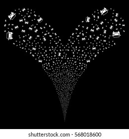 Car fireworks stream. Vector illustration style is flat white iconic symbols on a black background. Object double fountain done from random pictographs.