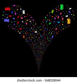 Car fireworks stream. Vector illustration style is flat bright multicolored iconic symbols on a black background. Object double fountain organized from random icons.